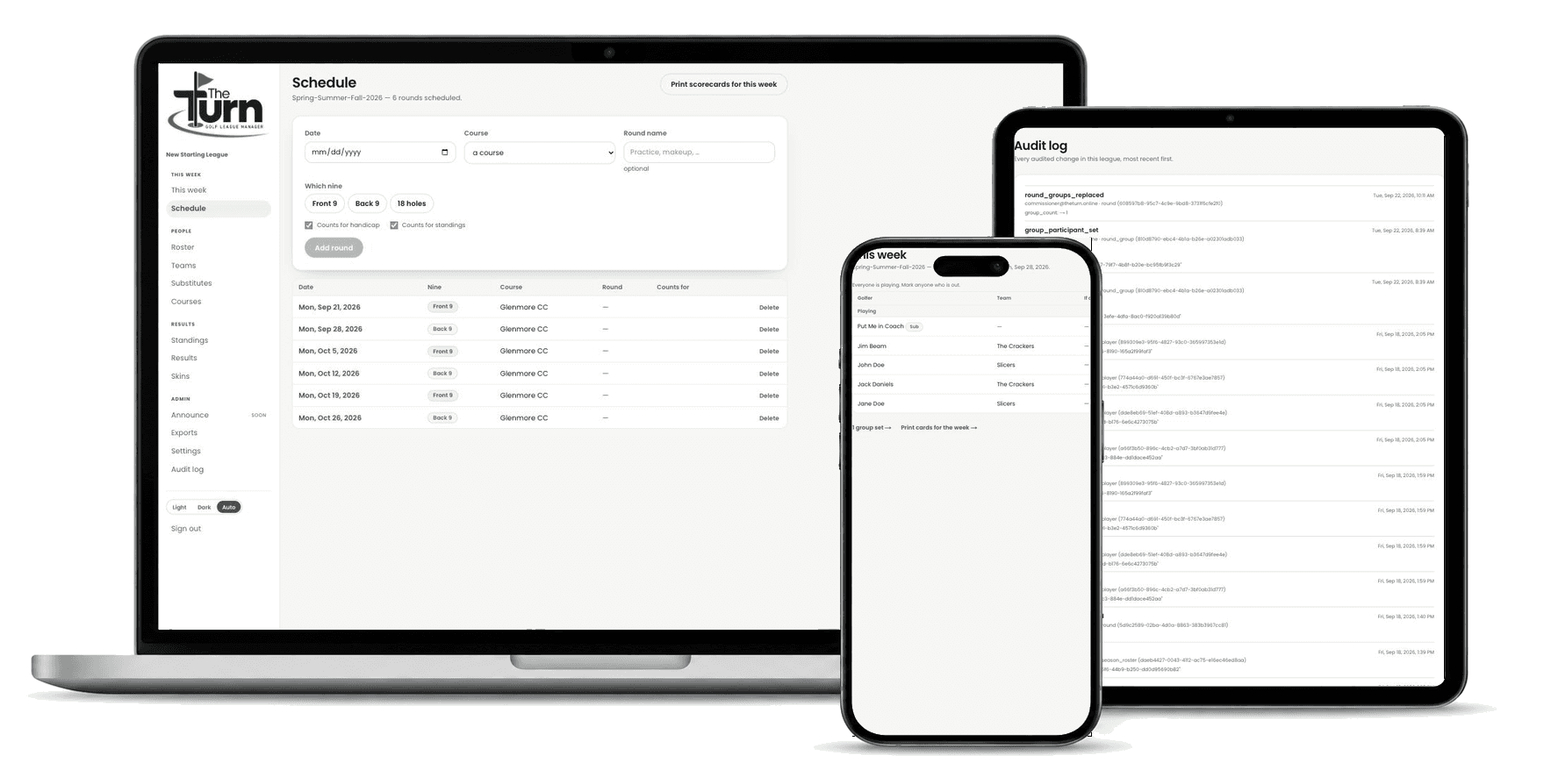 The Turn shown on a laptop (Schedule), an iPad (Audit log), and a phone (This week's golfers)