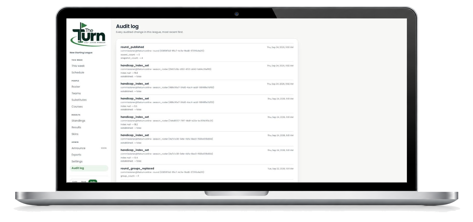 The Turn's audit log on a laptop, showing a timestamped history of changes