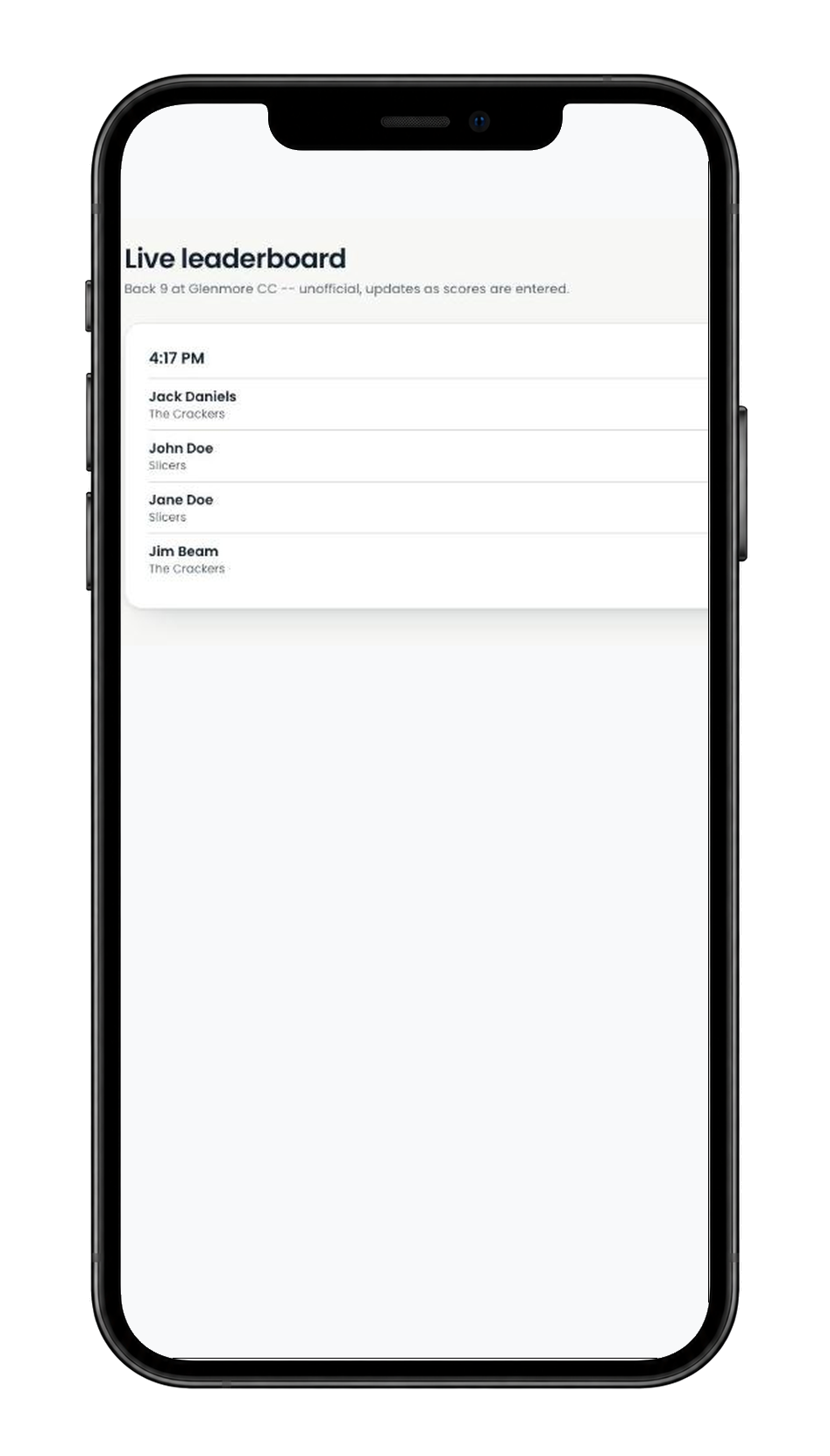 The Turn's live leaderboard on a phone, showing thru-hole scores updating in real time
