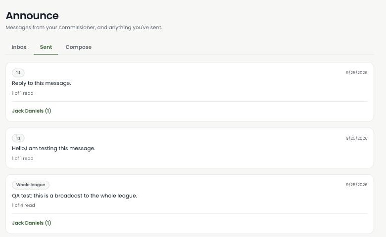 The Turn's Announce Sent tab, listing several sent messages each with a read count