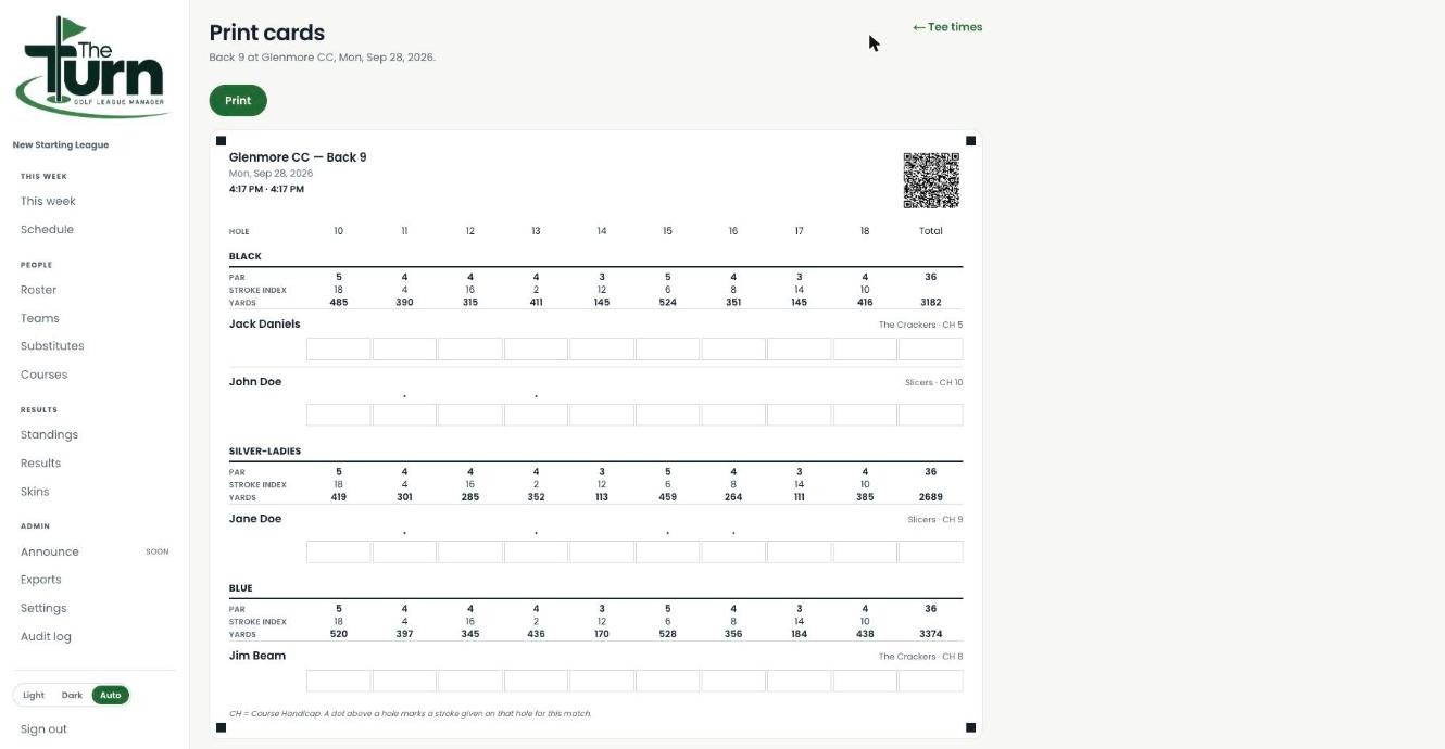 A printed scorecard from The Turn, with a QR code for live scoring in the corner