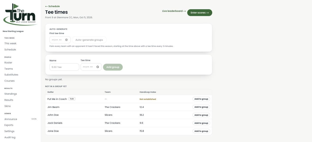 The Turn's Tee times page, showing golfers grouped for a round