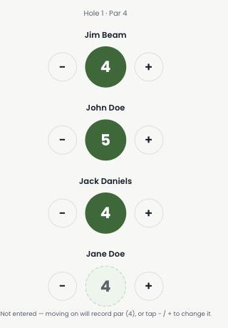 The Turn's live scoring screen on a phone, showing hole 1's par and each golfer's score with tap-to-adjust buttons
